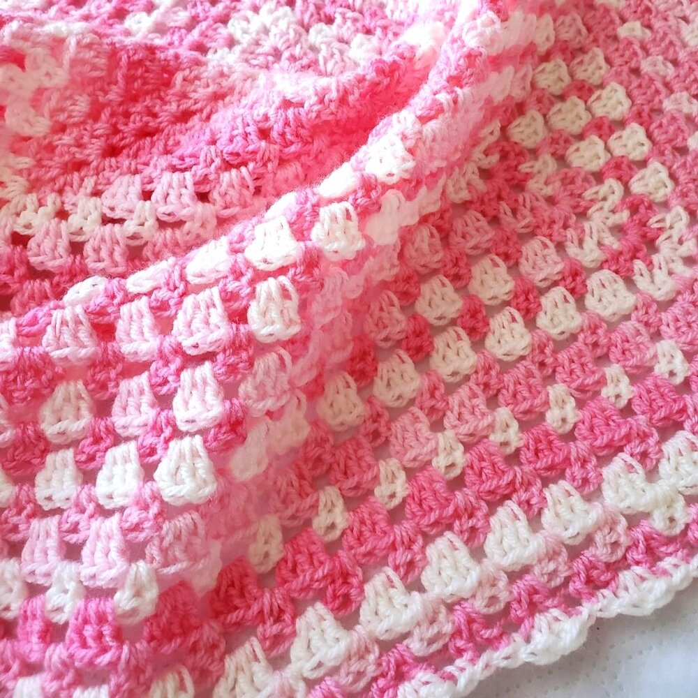 Crochet BABY BLANKET AFGHAN Granny Square 30" x 30" Pink White New Handmade